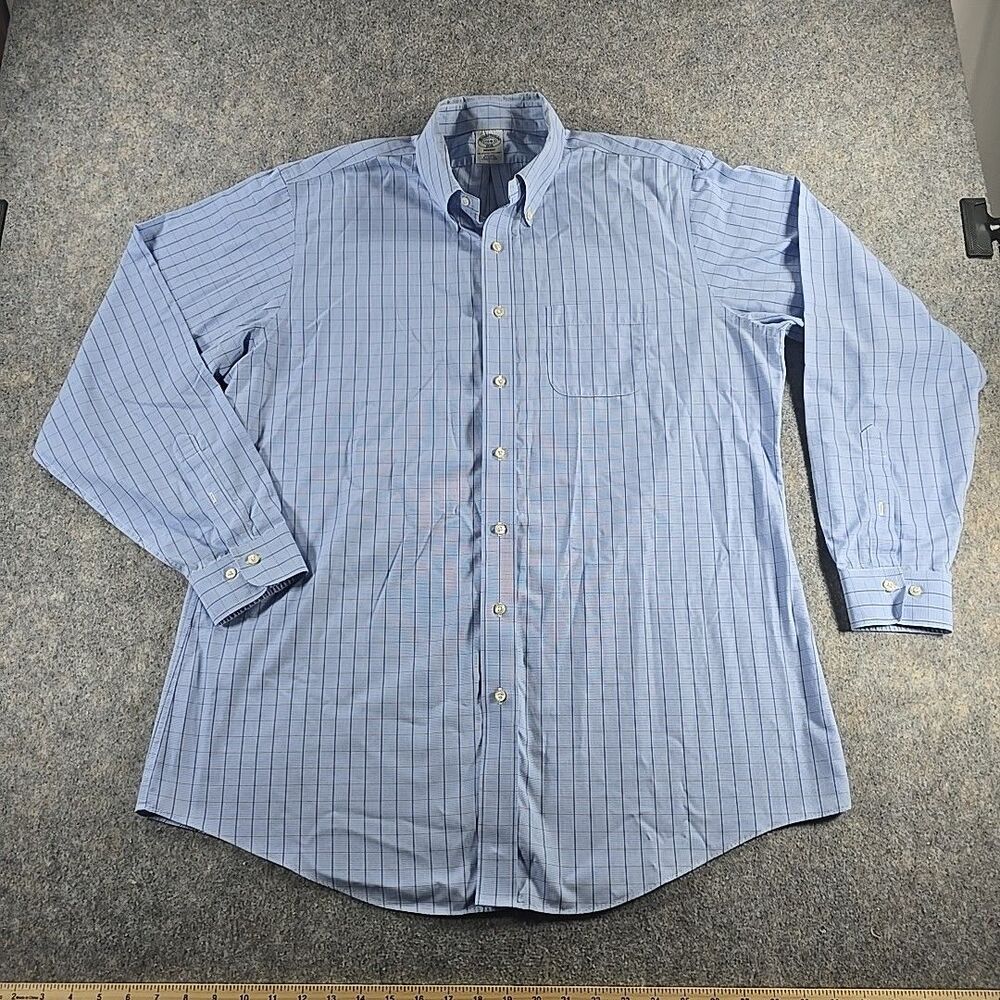 Brooks Brothers Dress 1818 Regent 17.5 - 6/7 Blue Squares Button Up Long Sleeve
